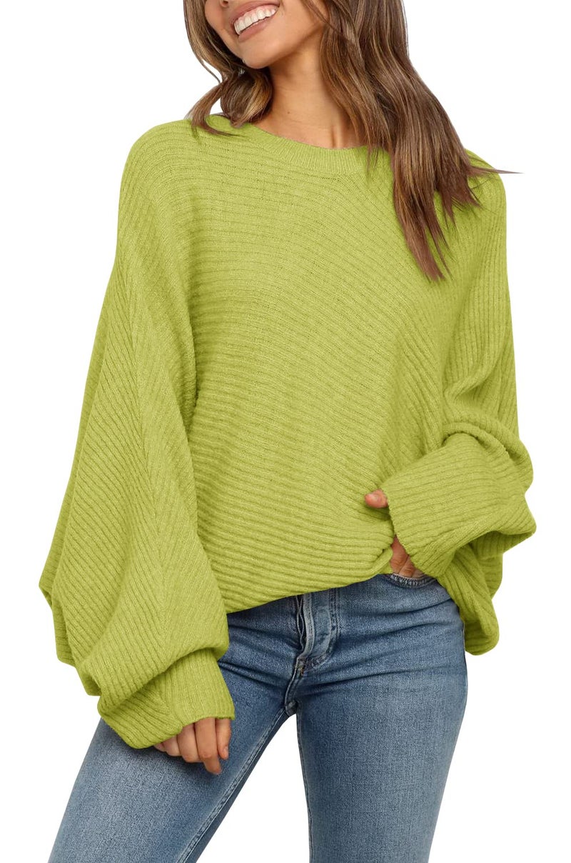 Mafulus Women's Oversized Crewneck Sweater Batwing Puff Long Sleeve Cable Slouchy Pullover Jumper Tops - Image 1