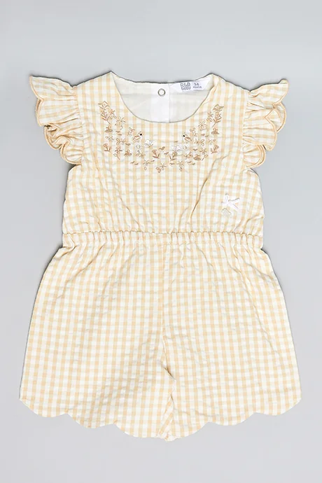 أر أند بي Checked Romper with Round Neck and Flutter Sleeves