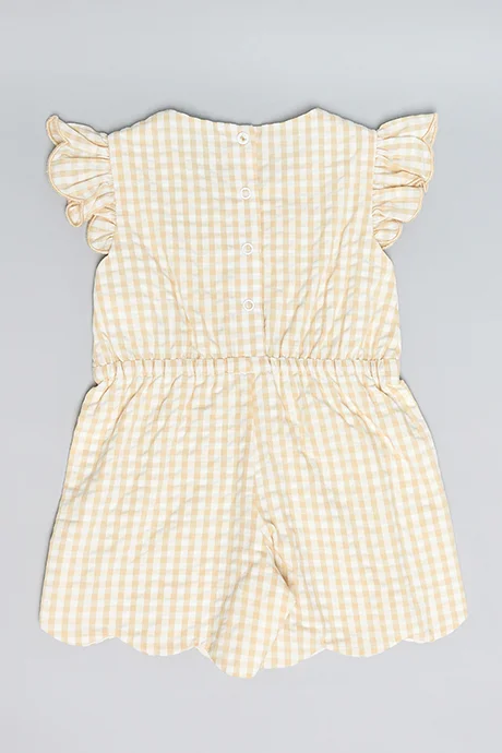 أر أند بي Checked Romper with Round Neck and Flutter Sleeves