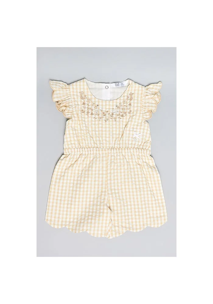 R&b Checked Romper with Round Neck and Flutter Sleeves