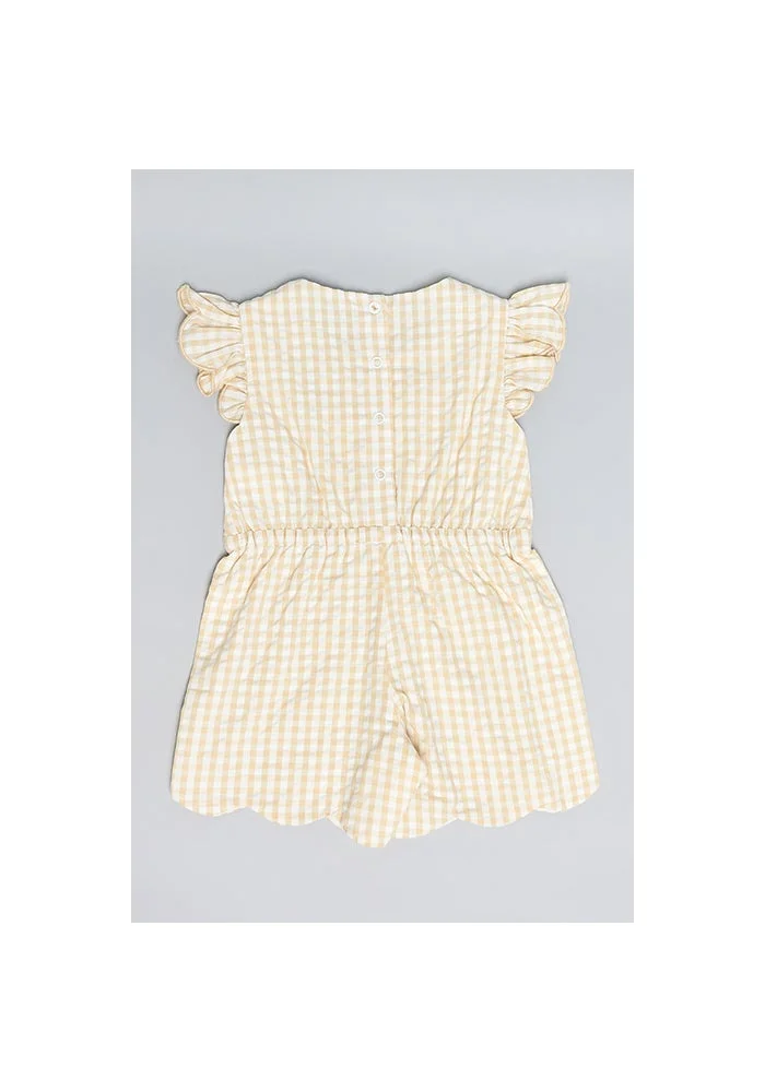 R&b Checked Romper with Round Neck and Flutter Sleeves