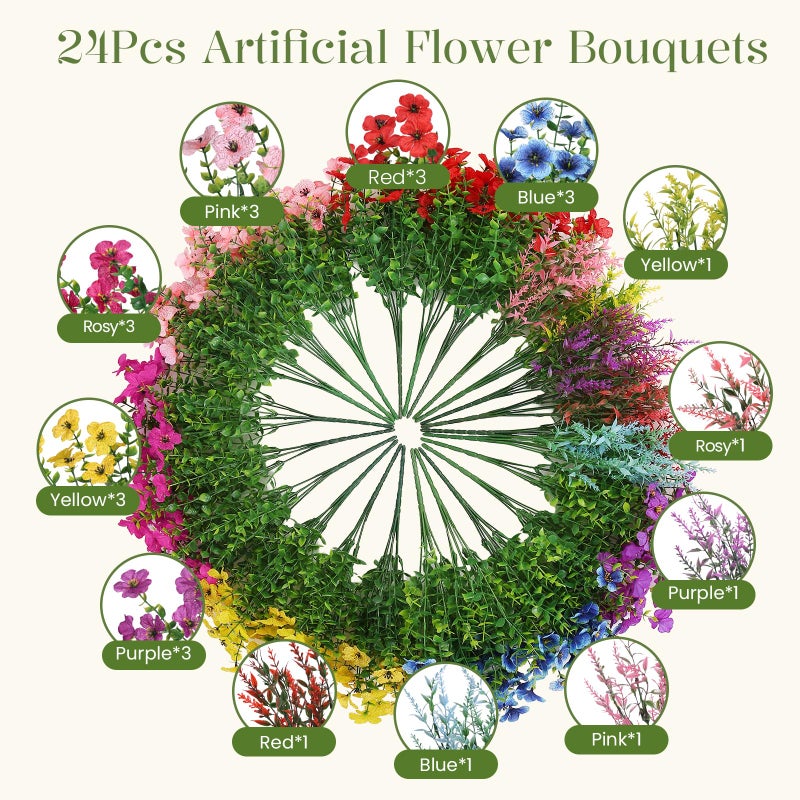 SHareconn 24 Bundles Artificial Flowers for Outdoors Decoration, Faux Plants Fake Silk Colorful Daisy Eucalyptus Lavender, UV Resistant for Outside Home indoor Spring Decor,RedRosyPurpleBlueYellowPink - Image 2
