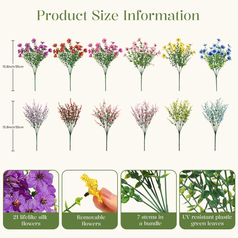 SHareconn 24 Bundles Artificial Flowers for Outdoors Decoration, Faux Plants Fake Silk Colorful Daisy Eucalyptus Lavender, UV Resistant for Outside Home indoor Spring Decor,RedRosyPurpleBlueYellowPink - Image 3