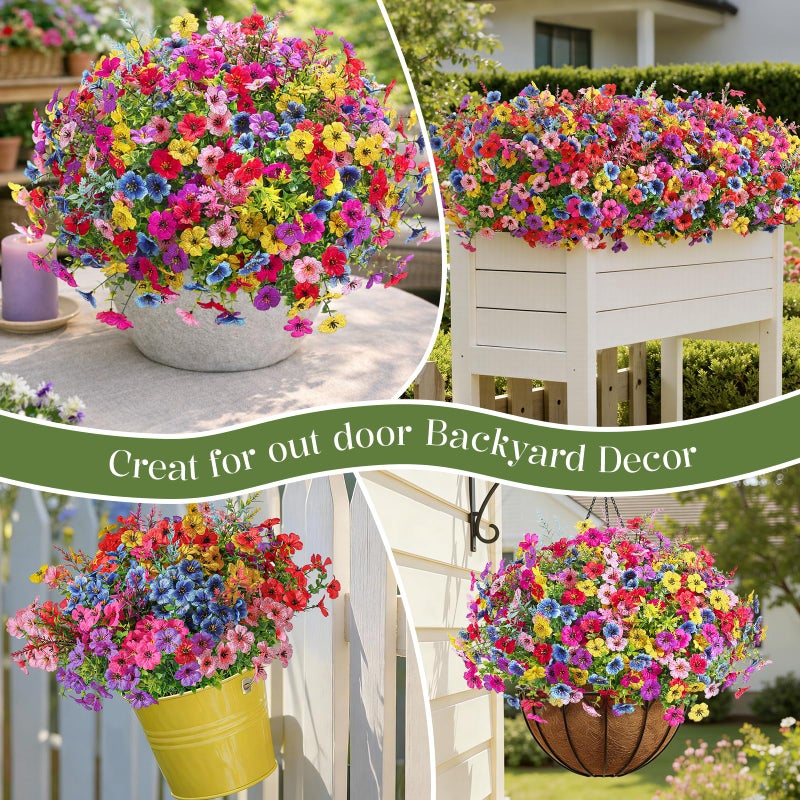 SHareconn 24 Bundles Artificial Flowers for Outdoors Decoration, Faux Plants Fake Silk Colorful Daisy Eucalyptus Lavender, UV Resistant for Outside Home indoor Spring Decor,RedRosyPurpleBlueYellowPink - Image 4