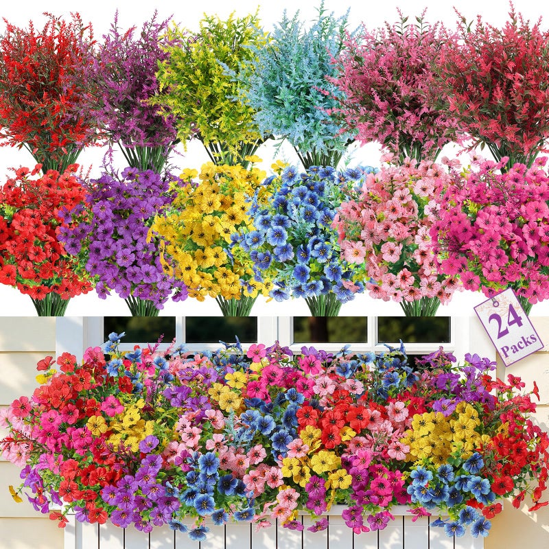 SHareconn 24 Bundles Artificial Flowers for Outdoors Decoration, Faux Plants Fake Silk Colorful Daisy Eucalyptus Lavender, UV Resistant for Outside Home indoor Spring Decor,RedRosyPurpleBlueYellowPink - Image 1