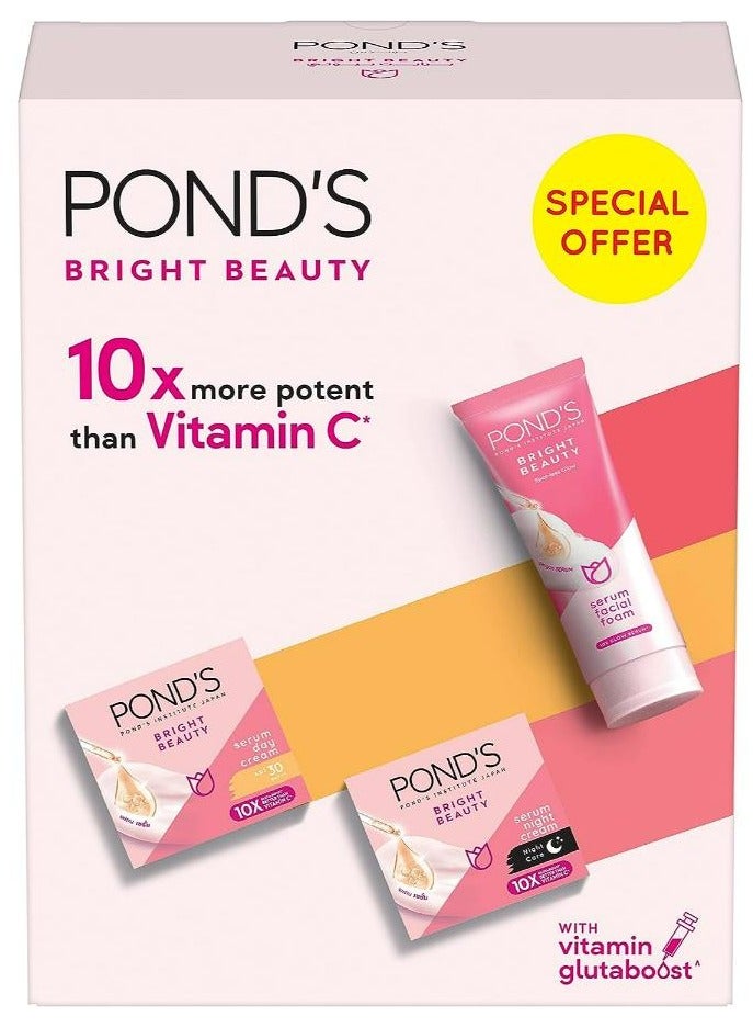 Pond's Bright Beauty Essentials, Serum Whip Facial Foam 100g, Brightening Day Cream 50g, and Night Cream 50g, for brighter, nourished skin, Set of 3 - Image 1