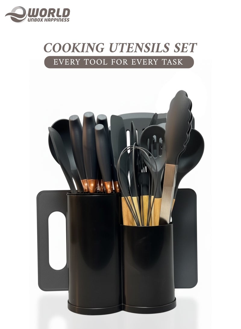 إي وورلد طقم أدوات ومستلزمات مطبخ 19 قطعة | سكاكين وأدوات سيليكون مقاومة للحرارة بمقابض خشبية | يشمل ملقط، ملعقة، سباتولا، مقلب ولوح تقطيع - Image 1