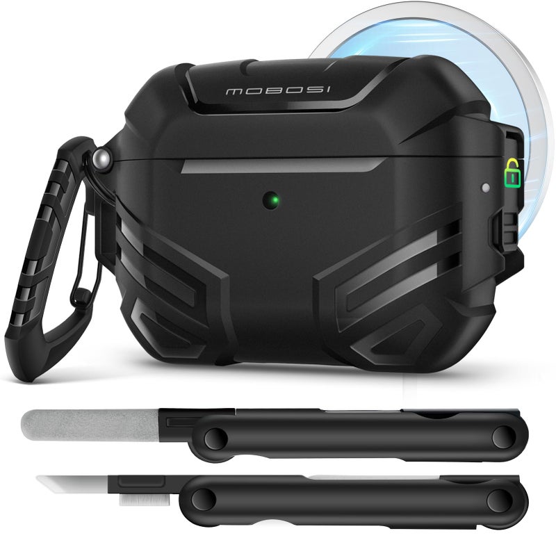 MOBOSI for AirPods Pro 3 Case with Lock, Compatible with AirPod 3rd Gen Cover [Fit for MagSafe], Military Grade Hard Shell for iPods Pro3 with Cleaner Kit & Keychain for Men(2025), Black - Image 1