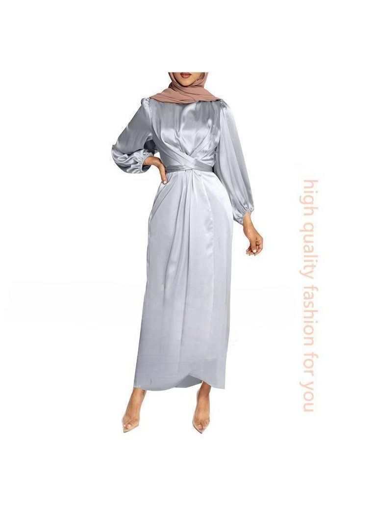 NIBEMINENT فستان عباية نسائي جديد من الساتان بلون سادة فستان إسلامي طويل - Image 1