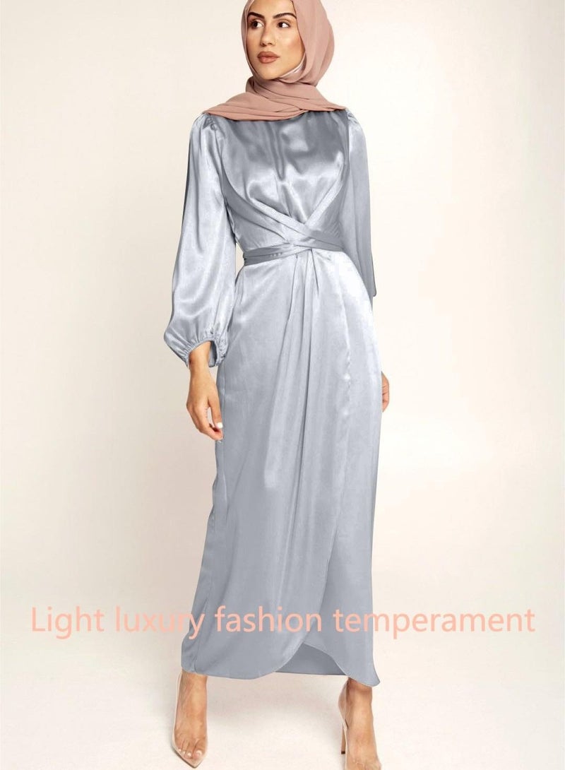 NIBEMINENT فستان عباية نسائي جديد من الساتان بلون سادة فستان إسلامي طويل - Image 2