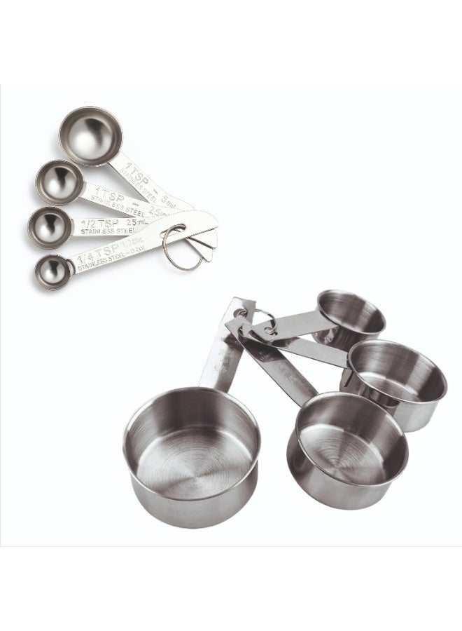 ايست من نون مجموعة من 8 قطع من أكواب القياس وملاعق القياس مع حلقة قابلة للفصل - مصنوعة من الفولاذ المقاوم للصدأ قابلة للتكديس، 4 أكواب و4 ملاعق لقياس الطعام السائل الجاف للطهي أو الخبز - Image 1