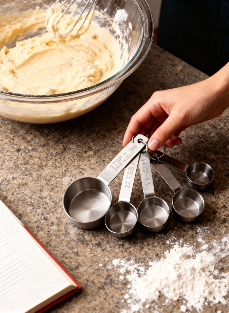 ايست من نون مجموعة من 8 قطع من أكواب القياس وملاعق القياس مع حلقة قابلة للفصل - مصنوعة من الفولاذ المقاوم للصدأ قابلة للتكديس، 4 أكواب و4 ملاعق لقياس الطعام السائل الجاف للطهي أو الخبز - Image 2