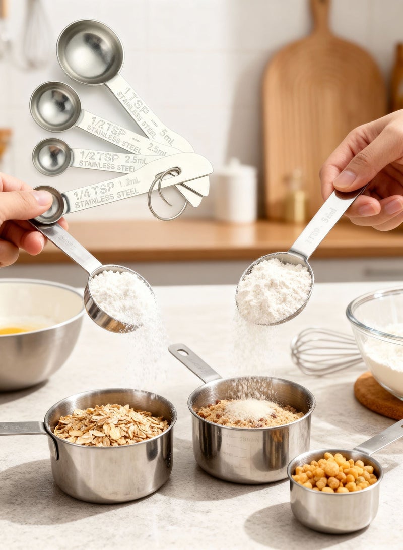 ايست من نون مجموعة من 8 قطع من أكواب القياس وملاعق القياس مع حلقة قابلة للفصل - مصنوعة من الفولاذ المقاوم للصدأ قابلة للتكديس، 4 أكواب و4 ملاعق لقياس الطعام السائل الجاف للطهي أو الخبز - Image 3