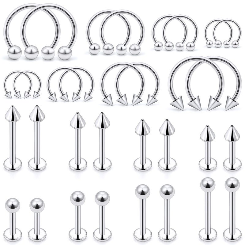 Ftovosyo Lip Rings 32PCS Labret Jewelry Monroe Lip Barbell Ring Snake Bite Piercing Jewelry 16G Helix Earring Daith Tragus Cartilage Studs Surgical Steel Piercing Jewelry for Women Men - Image 1