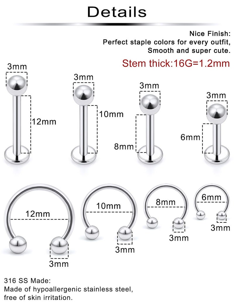 Ftovosyo Lip Rings 32PCS Labret Jewelry Monroe Lip Barbell Ring Snake Bite Piercing Jewelry 16G Helix Earring Daith Tragus Cartilage Studs Surgical Steel Piercing Jewelry for Women Men - Image 2