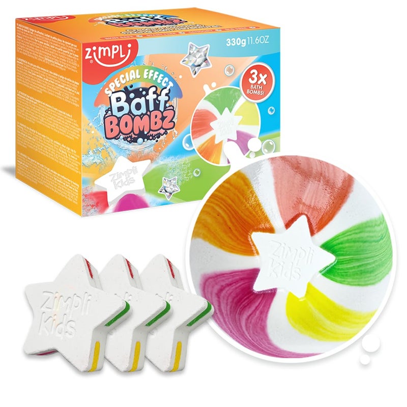 Zimpli Kids 3 x Large Star Bath Bombs from, Special Effect Bath Bombs for Children, Handmade Bubble Bath Fizzies Gift Set, Organic, Moisturising, Rainbow Toy, Vegan Friendly and Cruelty Free 