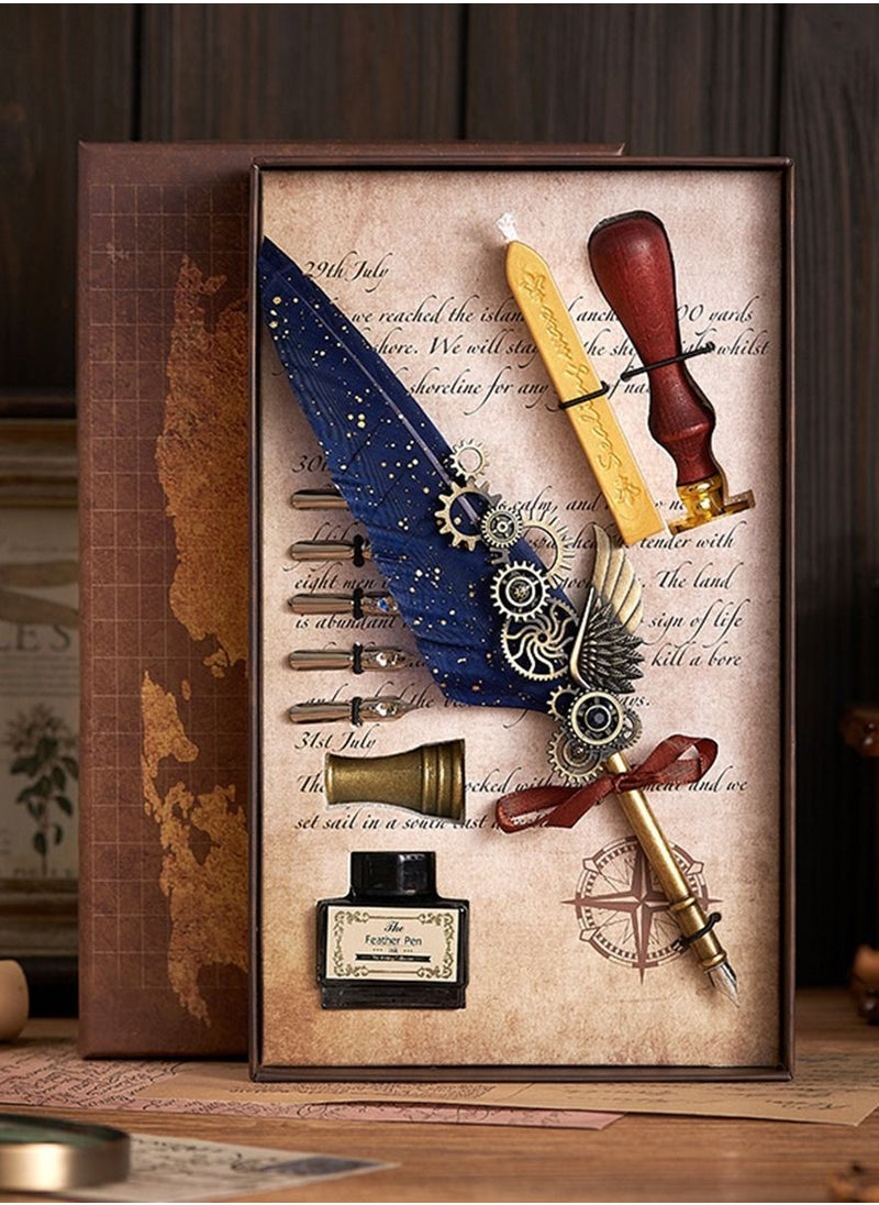 Y&D - Vintage Feather Quill Dip Ink Pen Set Blue - Image 1