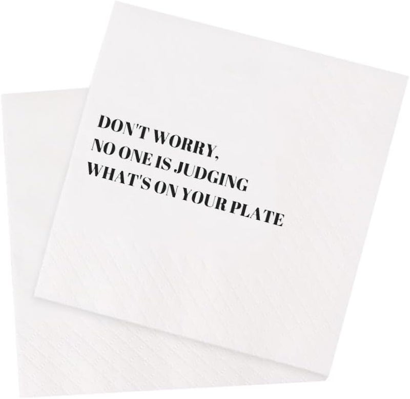 VOWFOO Funny Cocktail Napkins 100Pcs Funny Quotes Saying Disposable Paper Party Napkins 4.5 x 4.5 Two-ply (Don't worry, No one is Judging What's On Your Plate Napkins) - Image 1