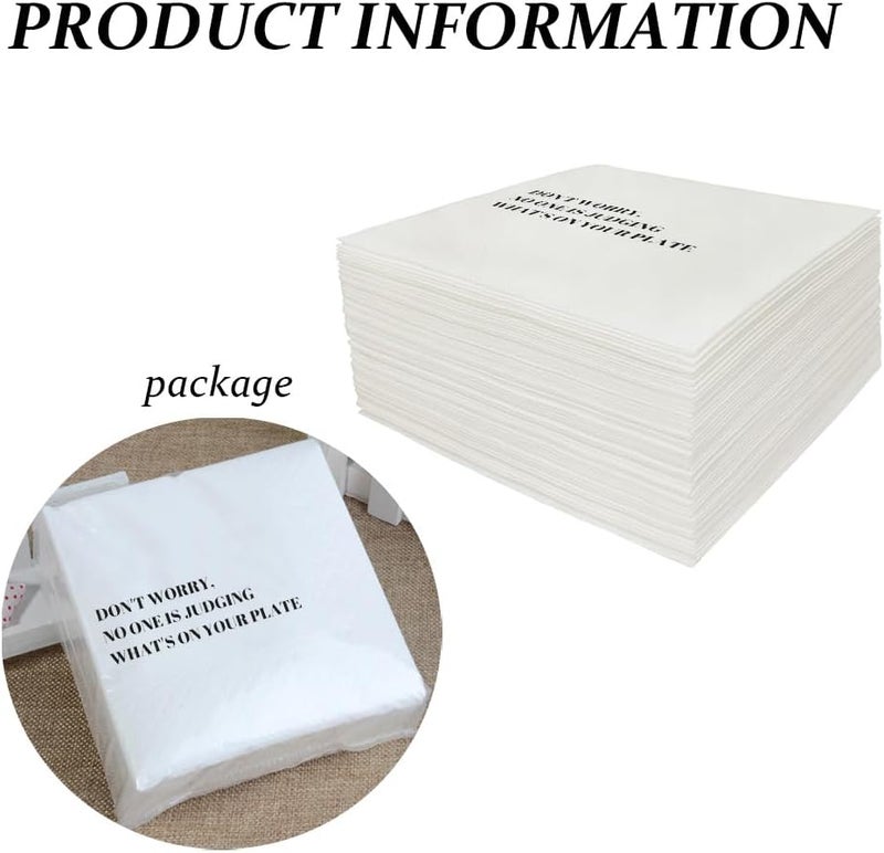 VOWFOO Funny Cocktail Napkins 100Pcs Funny Quotes Saying Disposable Paper Party Napkins 4.5 x 4.5 Two-ply (Don't worry, No one is Judging What's On Your Plate Napkins) - Image 3