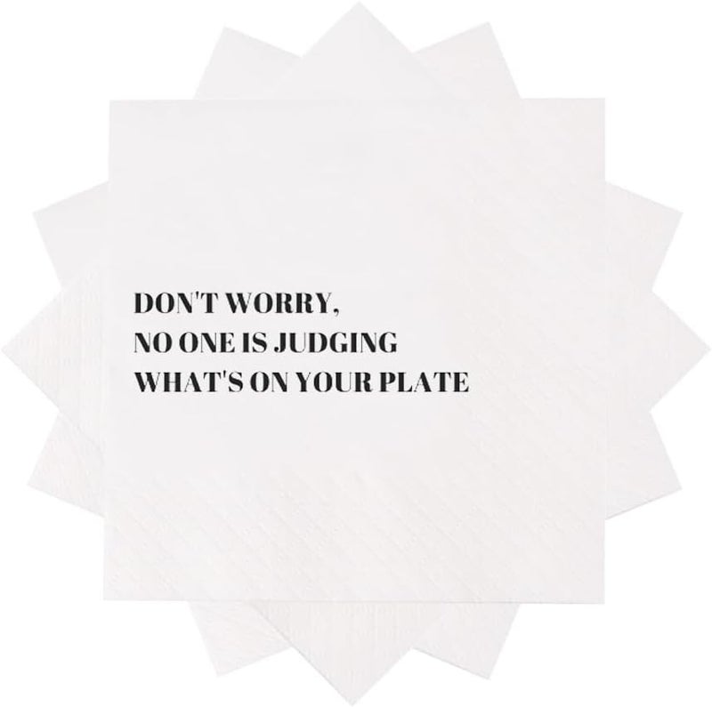 VOWFOO Funny Cocktail Napkins 100Pcs Funny Quotes Saying Disposable Paper Party Napkins 4.5 x 4.5 Two-ply (Don't worry, No one is Judging What's On Your Plate Napkins) - Image 2