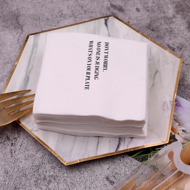 VOWFOO Funny Cocktail Napkins 100Pcs Funny Quotes Saying Disposable Paper Party Napkins 4.5 x 4.5 Two-ply (Don't worry, No one is Judging What's On Your Plate Napkins) - Image 4