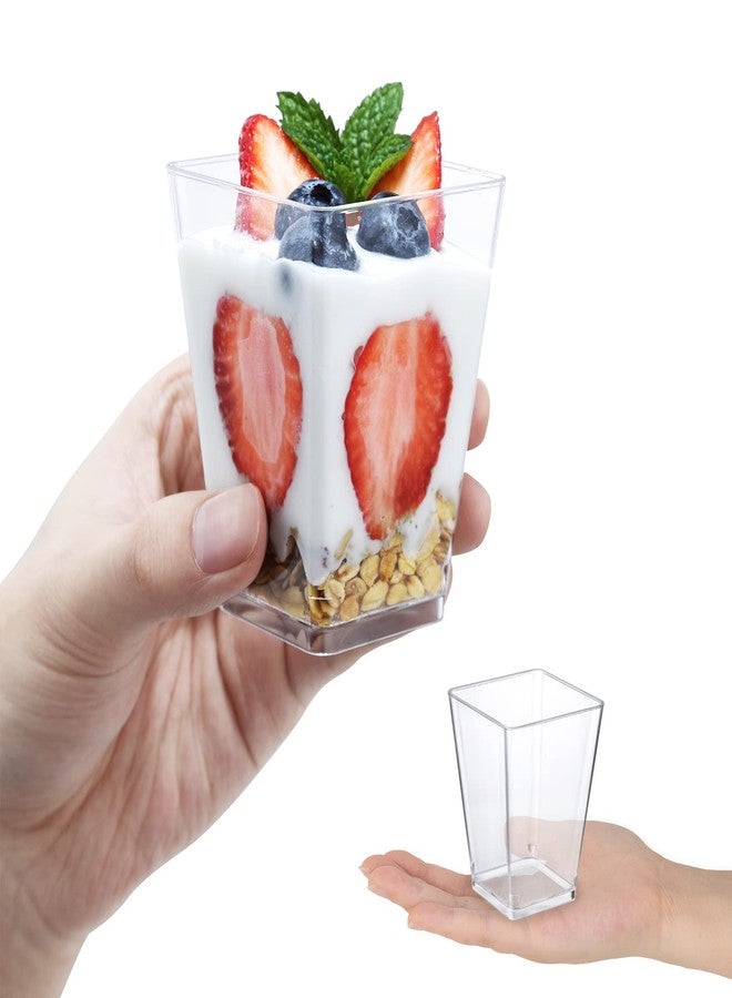 SHOPDAY 5 oz Plastic Dessert Cups with Lids 100 Pack Small Clear Square Parfait Cups with Spoons, Mini Plastic Tumbler Serving Cups for Tasting Party Appetizers Mousse Yogurt - Image 3