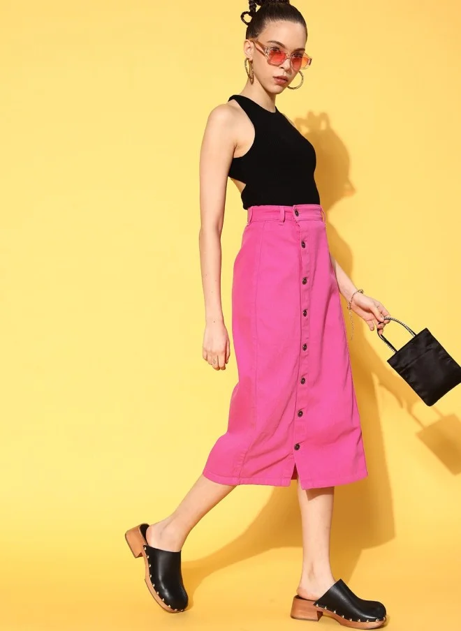 SASSAFRAS Pink Denim Midi Pencil Skirt for Women