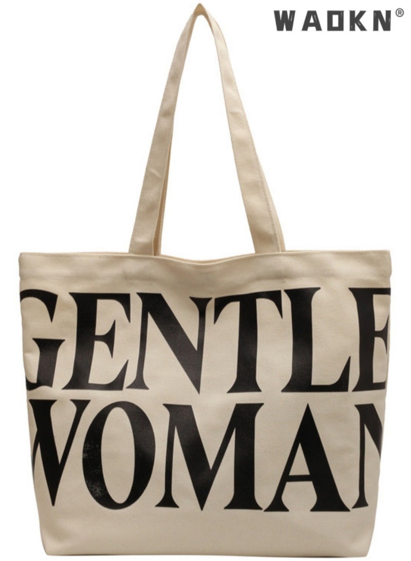 WAOKN Ladies Large Capacity Canvas Shoulder Bag Travel Simple New Handbag Casual Travel Alphabet Tote Bag,Canvas Tote Bag for Women Vintage Handbag Shoulder Bag for Travel Grocery Shopping Work - Image 1