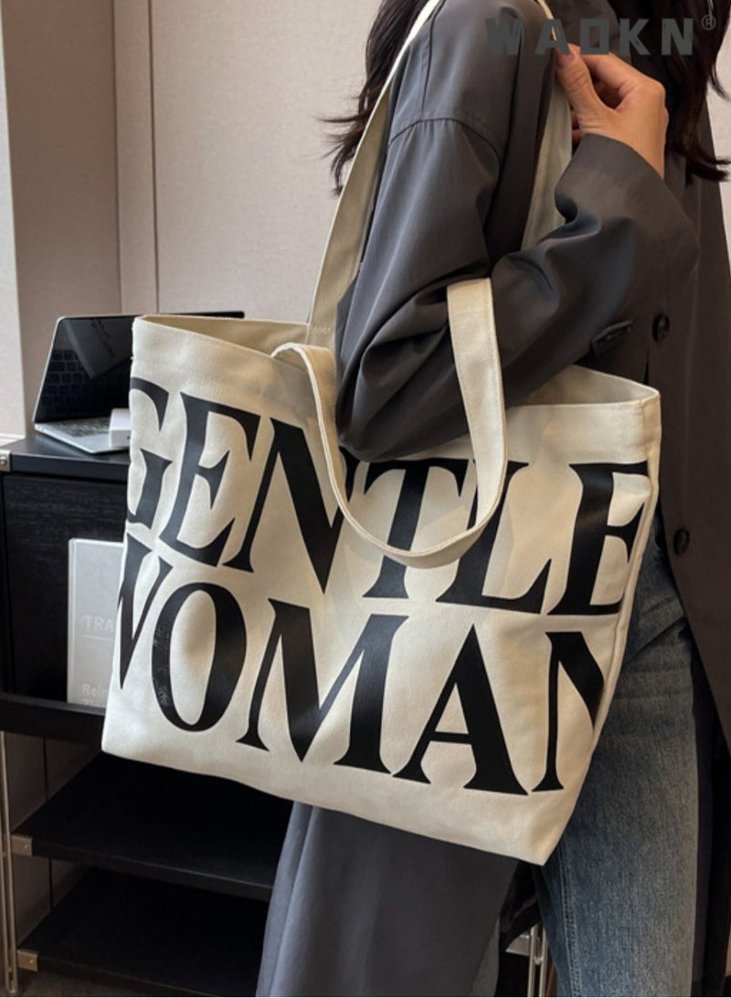 WAOKN Ladies Large Capacity Canvas Shoulder Bag Travel Simple New Handbag Casual Travel Alphabet Tote Bag,Canvas Tote Bag for Women Vintage Handbag Shoulder Bag for Travel Grocery Shopping Work - Image 5
