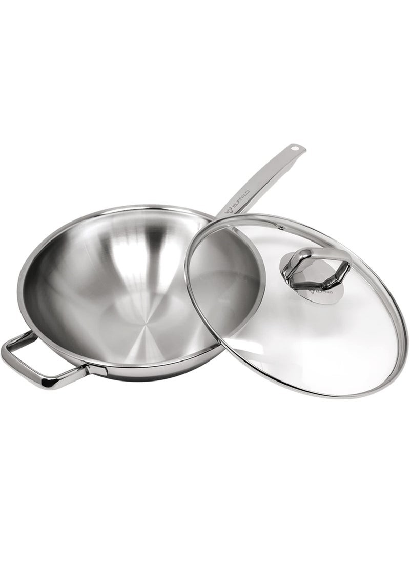 Buffalo Buffalo Clad Stainless Steel Wok Pan with Lid Flat Bottom 12 inch 30cm  Small Stir Frying Pan with StayCool Long Handle  TriPly Nonstick Deep Cooking Pot for InductionElectricGas Stoves 
