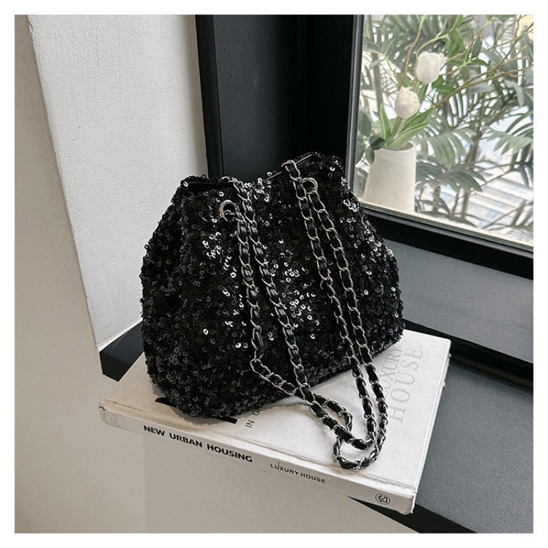 Fashion Glitter Sequin Bucket Bag, Stylish Dinner Party Trendy Texture Chain Shoulder Crossbody Bag - Image 1