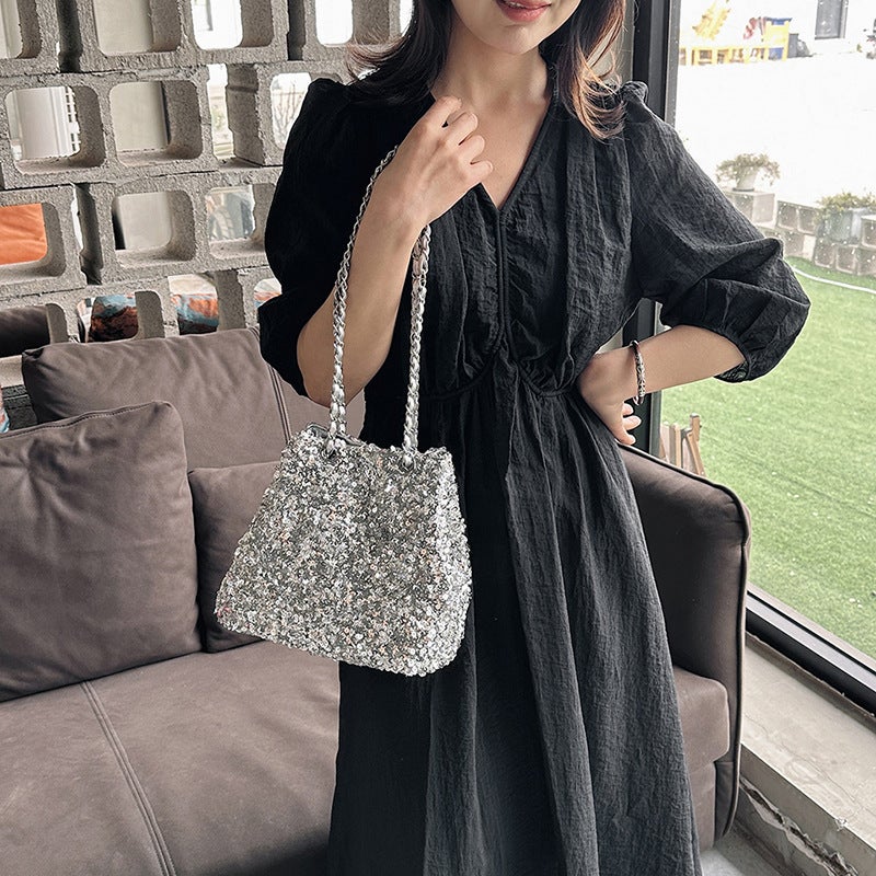 Fashion Glitter Sequin Bucket Bag, Stylish Dinner Party Trendy Texture Chain Shoulder Crossbody Bag - Image 4