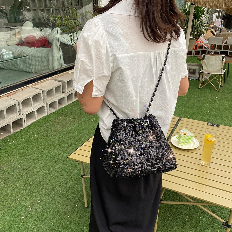 Fashion Glitter Sequin Bucket Bag, Stylish Dinner Party Trendy Texture Chain Shoulder Crossbody Bag - Image 5