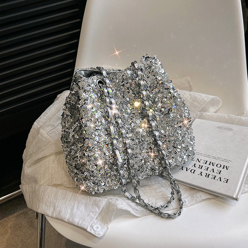Fashion Glitter Sequin Bucket Bag, Stylish Dinner Party Trendy Texture Chain Shoulder Crossbody Bag - Image 3