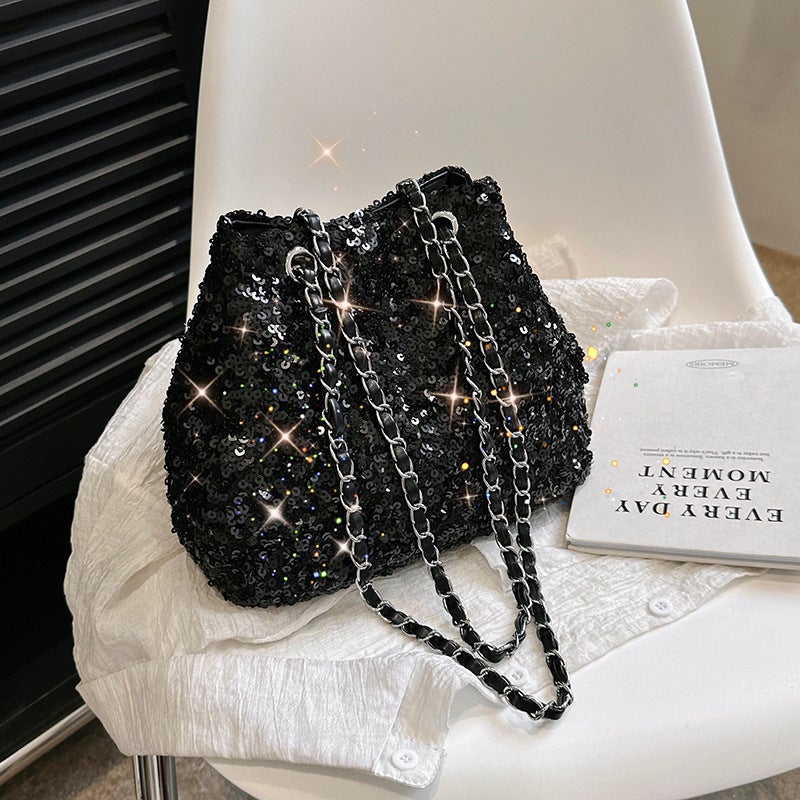 Fashion Glitter Sequin Bucket Bag, Stylish Dinner Party Trendy Texture Chain Shoulder Crossbody Bag - Image 2