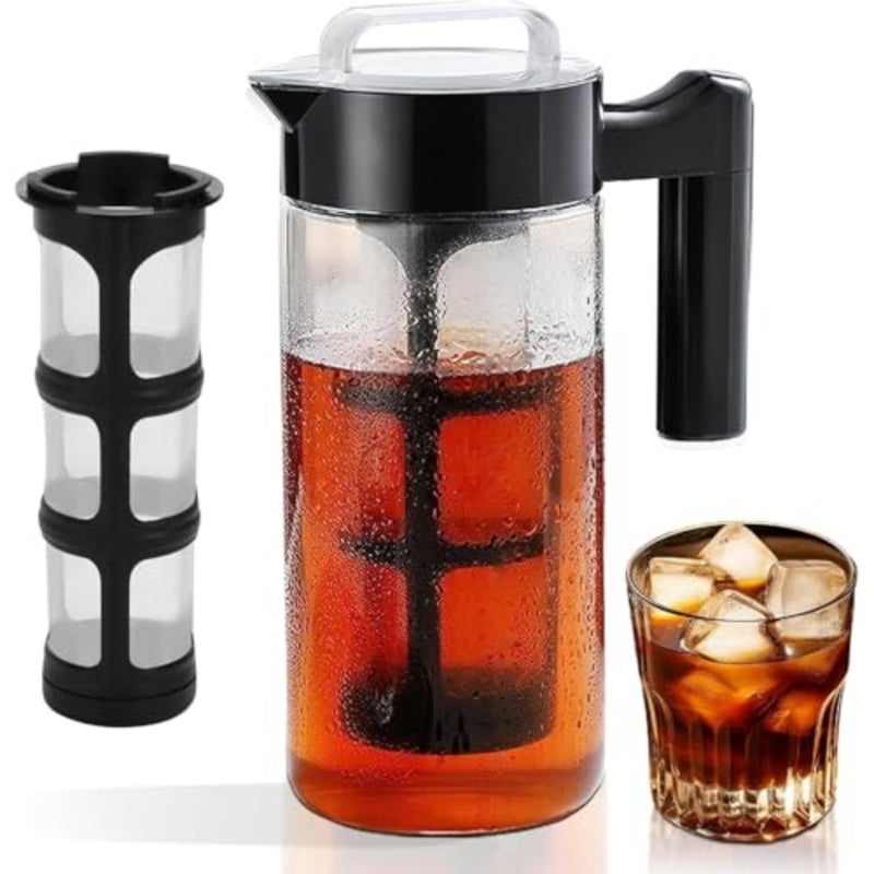 ماكينة صنع القهوة الباردة 44oz للاستخدام المنزلي/المكتب، إبريق زجاجي بوروسيليكات مع فلتر نايلون أسود، تصميم شفاف شفاف، غطاء مانع للتسرب ومقبض مريح - Image 1