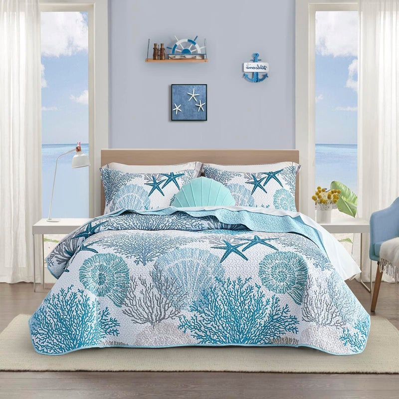 Tritard 3 Piece Coastal Quilt Sets FullQueen Size  Reversible Microfiber Quilts with 2 Shams Soft Lightweight Beach Bedding Nautical Bedspread Coverlet Summer Comforter for All Season 90x96 C1