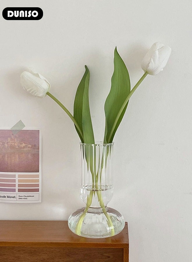 DUNISO Clear Glass Vase, Modern Decorative Vase, Irregular Shape Vintage Flower Vase, Minimalist Ins Style Embossed Glass Vase for Wedding Table Decorations Centerpieces, Crystal Vase for Living Room, Bedroom, Kitchen, Dining Table, Mantle - Image 3