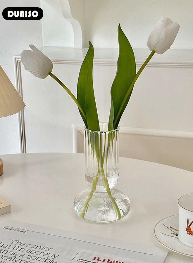 DUNISO Clear Glass Vase, Modern Decorative Vase, Irregular Shape Vintage Flower Vase, Minimalist Ins Style Embossed Glass Vase for Wedding Table Decorations Centerpieces, Crystal Vase for Living Room, Bedroom, Kitchen, Dining Table, Mantle - Image 5