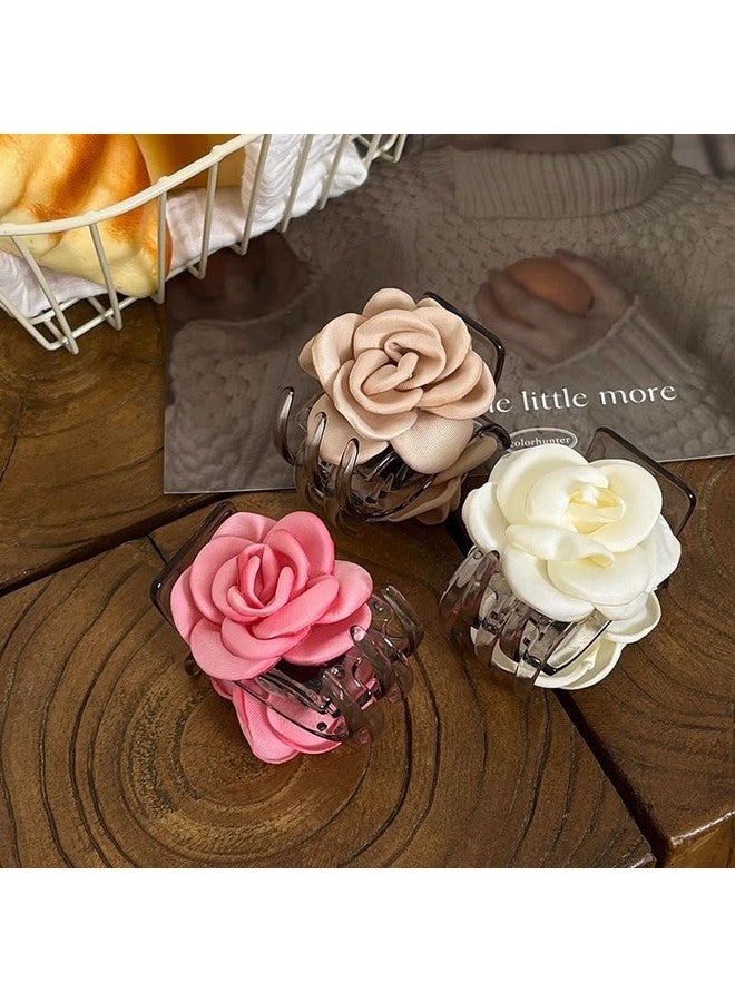 Agirlvct 3 Pack Flower Hair Clip Medium, Small Camellia Claw Clips for High Ponytail,Hair Clips Travel Beach Holiday Birthday Gift for Mother Girl Thick Thin Long Hair(Pink Champagne White) - Image 2