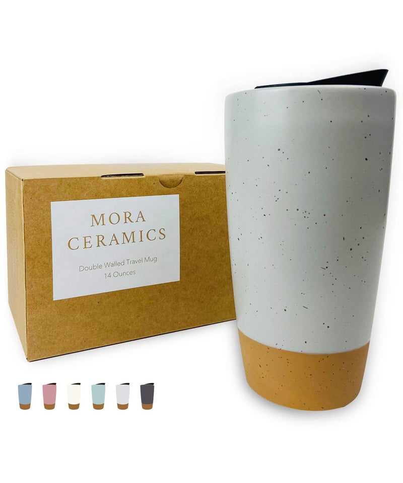 Mora Double Wall Ceramic Coffee Travel Mug with Lid 14 oz Portable Microwave Dishwasher Safe Insulated Reusable Tall Cup Splash Resistant Lid  To Go Tumbler for Car Cup Holder Overcast Grey