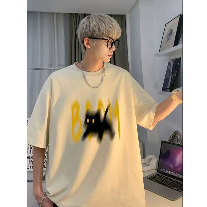 2024 Cotton Men'S Short-Sleeved T-Shirt American Retro Printed Heavy Design Sense Niche Half-Sleeved Body - Image 1