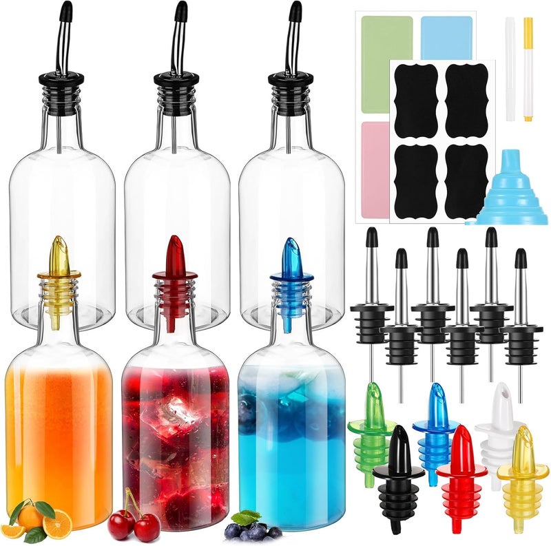 Maxcheck 6 Set 16 oz Plastic Long Neck Bottles with Rainbow Pourer and Caps Plastic Juice Pour Bottles with Stainless Steel Pourer Tapered Spout Syrup Pourers for Liquor Juice Store - Image 1