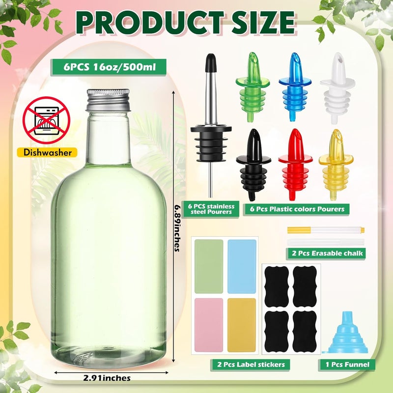Maxcheck 6 Set 16 oz Plastic Long Neck Bottles with Rainbow Pourer and Caps Plastic Juice Pour Bottles with Stainless Steel Pourer Tapered Spout Syrup Pourers for Liquor Juice Store - Image 2