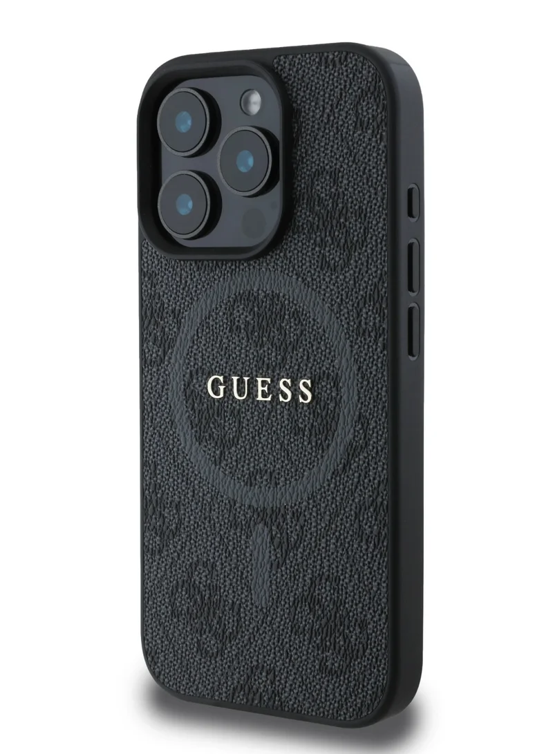 GUESS Magsafe 4G PU Leather Colored Ring And Classic Logo Case for iPhone 16 Pro - Black