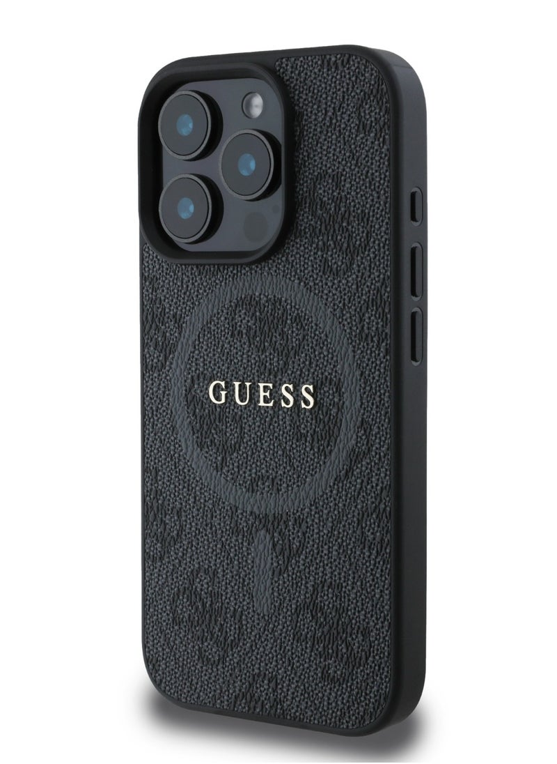 GUESS - Magsafe 4G PU Leather Colored Ring And Classic Logo Case for iPhone 16 Pro - Black - Image 1