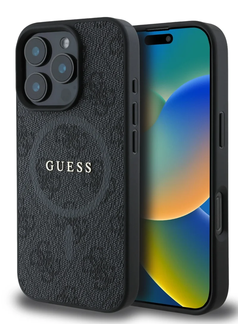 GUESS Magsafe 4G PU Leather Colored Ring And Classic Logo Case for iPhone 16 Pro - Black