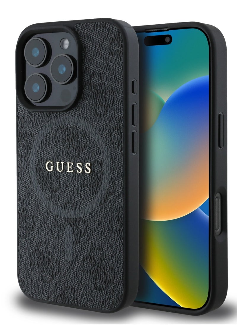 GUESS - Magsafe 4G PU Leather Colored Ring And Classic Logo Case for iPhone 16 Pro - Black - Image 1