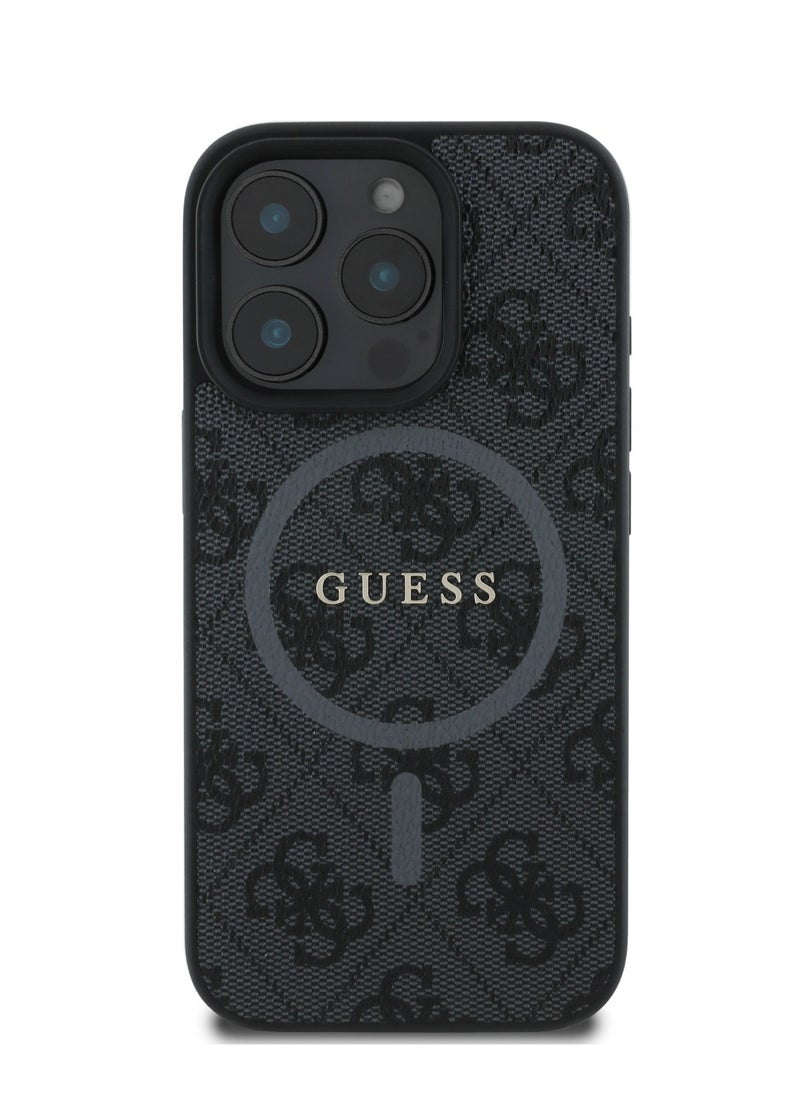 GUESS - Magsafe 4G PU Leather Colored Ring And Classic Logo Case for iPhone 16 Pro - Black - Image 1