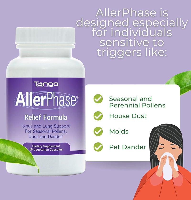 Tango AllerPhase Natural Herbal Sinus and Lung Relief Supplement for Seasonal Respiratory Discomfort Caused by Pollens Dust and Dander 60 Vegetarian Capsules - Image 2